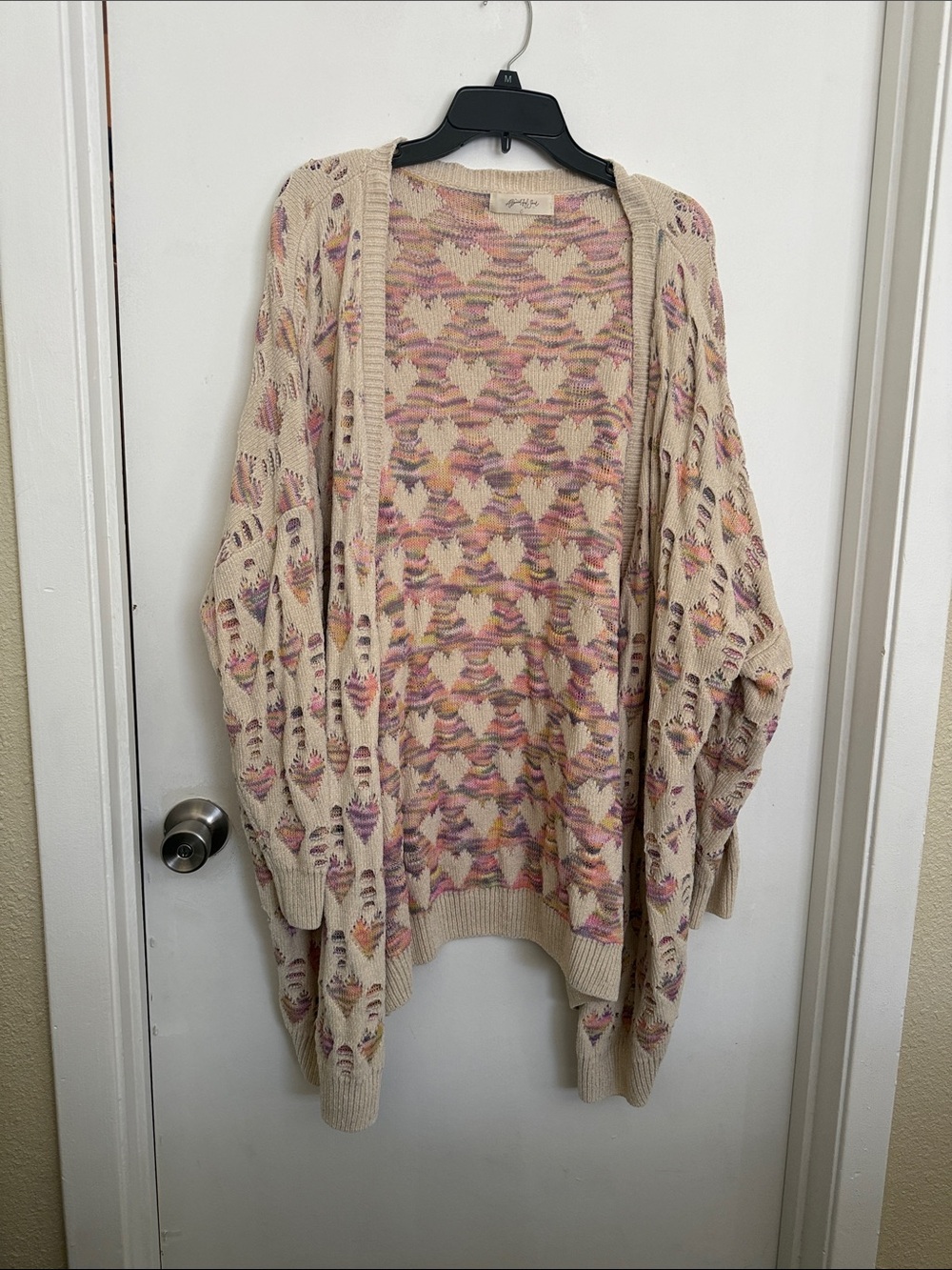 Light Cream Open-Front Cardigan Sweater with Pastel Pattern XXL